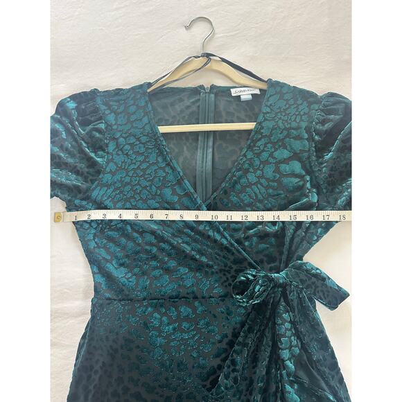Calvin Klein Animal Print Velvet Burnt Out Emerald Green Wrap Dress Size 6 NWT - Picture 10 of 13